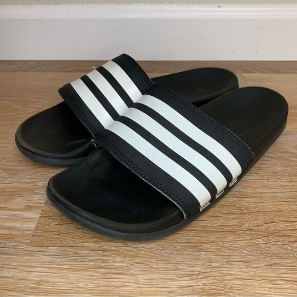 Adidas Women’s Black White Striped Slide Sandals - Picture 3 of 12